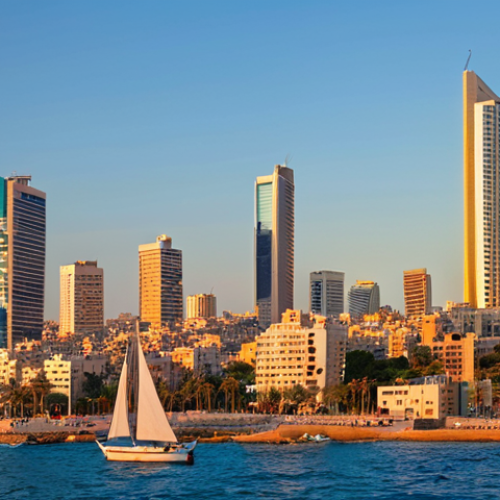 Home 15 **
"Tel Aviv skyline from the sea at sunset, seen from a sailboat, vibrant colors, Mediterranean Sea, modern buildings, clear sky, magical atmosphere."
**