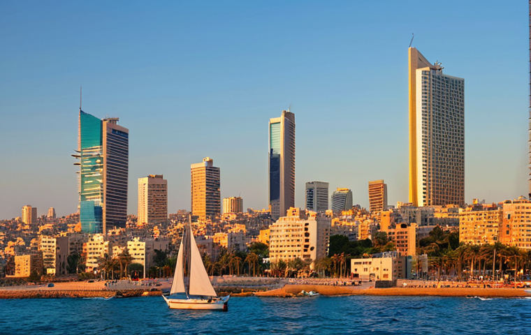 **
"Tel Aviv skyline from the sea at sunset, seen from a sailboat, vibrant colors, Mediterranean Sea, modern buildings, clear sky, magical atmosphere."
**