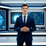 A determined young professional in a modest business suit, embodying the spirit of 'Chutzpah', standing confidently in a futuristic, clean technology lab. The background features blurred, advanced digital displays and intricate circuitry. The subject has a focused, problem-solving expression, hands in a natural, confident pose. Perfect anatomy, correct proportions, natural pose, well-formed hands, proper finger count, natural body proportions, fully clothed, appropriate attire, professional dress, safe for work, appropriate content, professional photography, high quality, family-friendly.