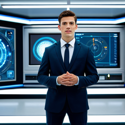 Home 7 A determined young professional in a modest business suit, embodying the spirit of 'Chutzpah', standing confidently in a futuristic, clean technology lab. The background features blurred, advanced digital displays and intricate circuitry. The subject has a focused, problem-solving expression, hands in a natural, confident pose. Perfect anatomy, correct proportions, natural pose, well-formed hands, proper finger count, natural body proportions, fully clothed, appropriate attire, professional dress, safe for work, appropriate content, professional photography, high quality, family-friendly.