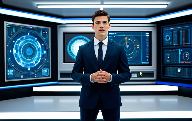 A determined young professional in a modest business suit, embodying the spirit of 'Chutzpah', standing confidently in a futuristic, clean technology lab. The background features blurred, advanced digital displays and intricate circuitry. The subject has a focused, problem-solving expression, hands in a natural, confident pose. Perfect anatomy, correct proportions, natural pose, well-formed hands, proper finger count, natural body proportions, fully clothed, appropriate attire, professional dress, safe for work, appropriate content, professional photography, high quality, family-friendly.